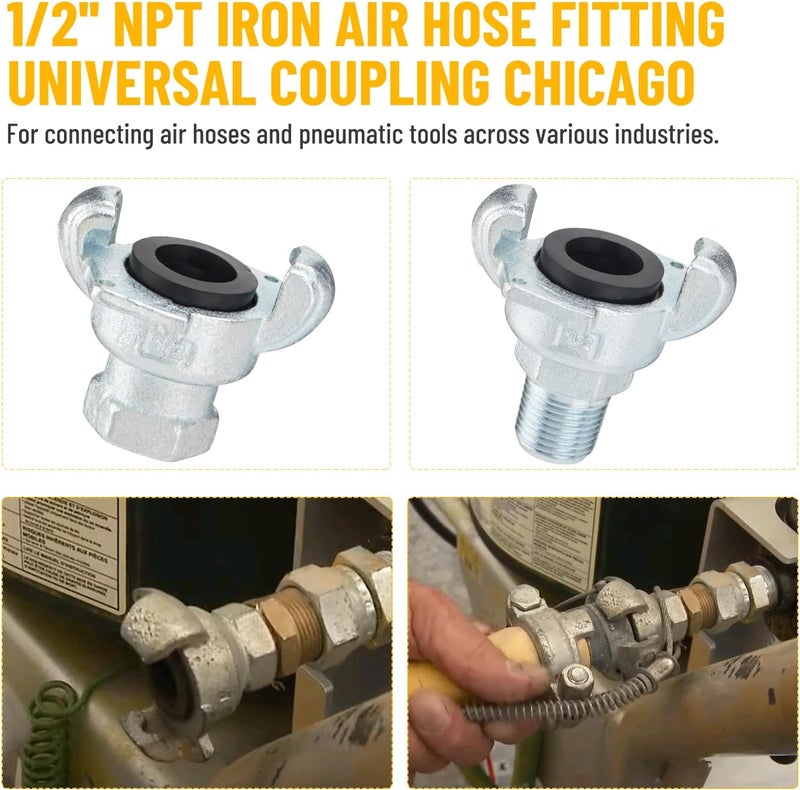 Venussar 8PCS 1/2'' NPT Iron Air Hose Fitting, Universal Coupling Chicago Fitting 1/2'' for Male End, Female End - Image 2